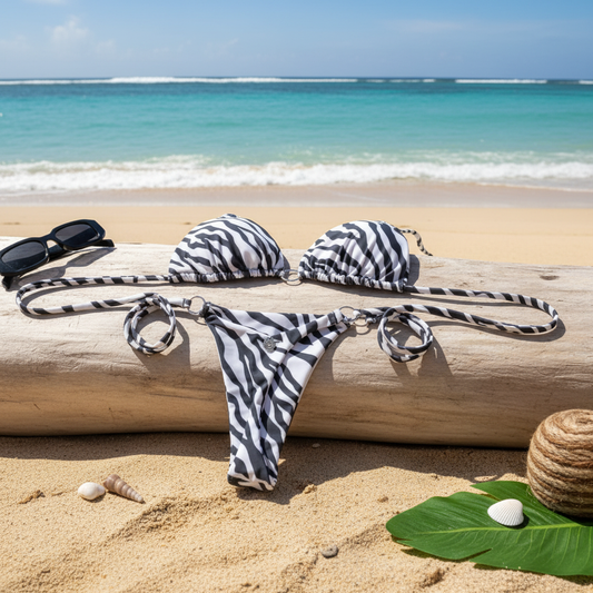 Bikini de cebra en playa tropical
